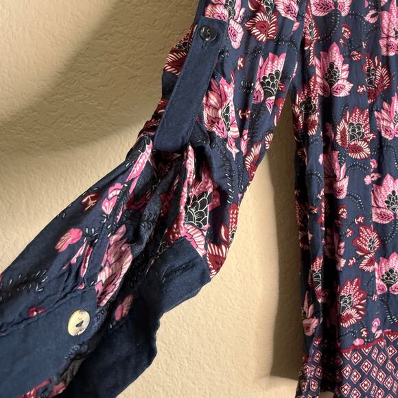 Dr2 Top Blouse Women Large Blue Pink Floral Boho Peasant Prairie Cottagecore - Picture 9 of 11